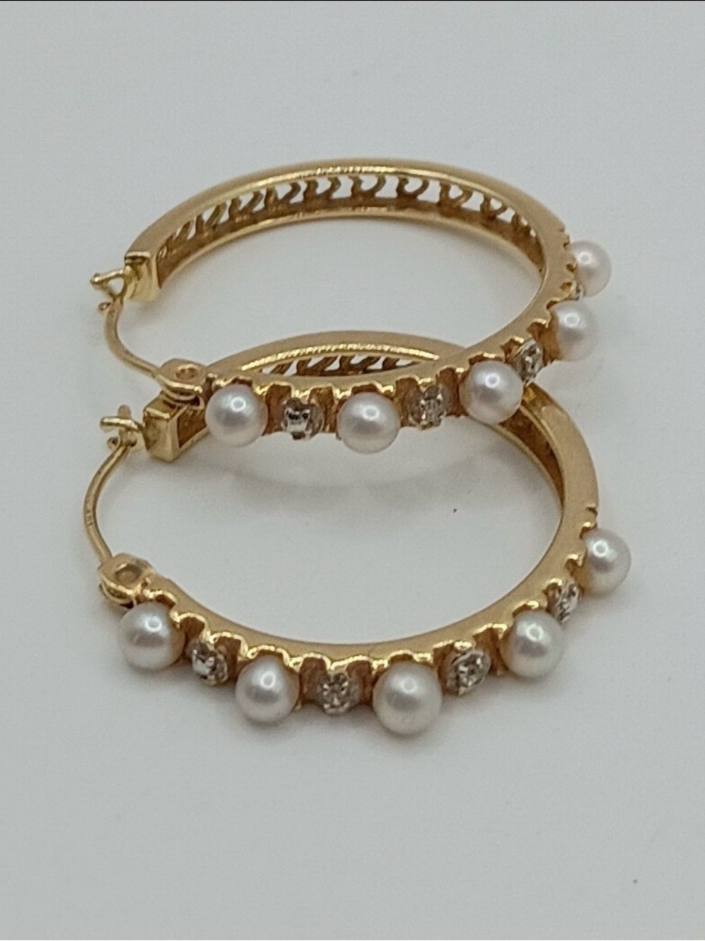 14k solid gold pearl hoop earrings